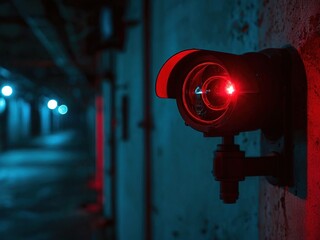 A security camera with a red light on in a dark tunnel.