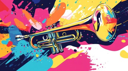 Wall Mural - A colorful painting of a trumpet with a splash of paint behind it