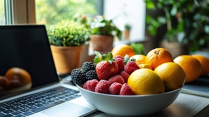 Wall Mural - Fruit bowl and laptop on a table, combining healthy eating with productivity in a stylish, modern workspace.