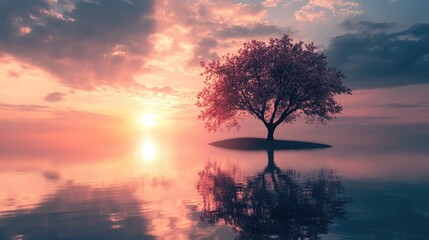 Poster - Solitary Tree at Sunset on Calm Water