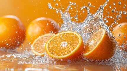 Wall Mural - Juicy orange slices are drenched in water against a vibrant citrus backdrop.