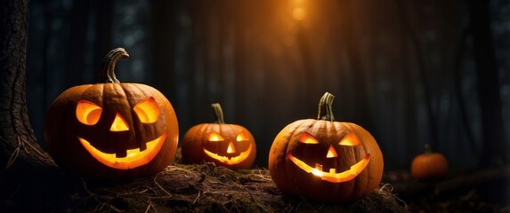 Wall Mural - Illuminated Jack-o'-Lanterns in a Dark Forest Setting