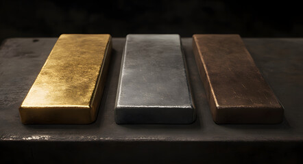 Three Different Types of Metal Bars - A Silver Bar, a Gold Bar, and a Bronze Bar, Displayed Together to Showcase Varied Metallic Finishes and Textures, Ideal for Illustrating Material Differences, Inv