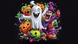 © AKE - A vibrant Halloween illustration featuring a cheerful ghost, spooky pumpkins, and playful monsters in a colorful design.