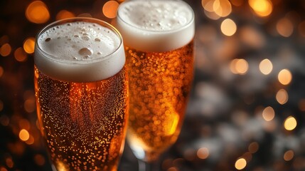 Wall Mural - Beer pints with white foam, bubbles, and sparkles, on terracotta solid color background for Oktoberfest