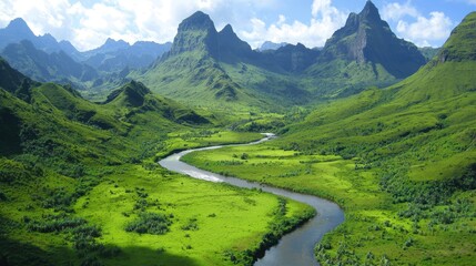 Poster - Aerial View of Serene River Winding Through Lush Green Valley and Majestic Mountains