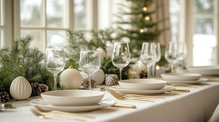 Wall Mural - Contemporary dining table set for Christmas party features white tablecloth and gold cutlery. Simple yet elegant decorations enhance the table setting while the natural light shines brightly.