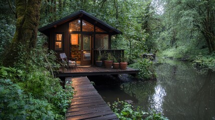 Canvas Print - Secluded Cabin with Wooden Deck Overlooking River in Forest