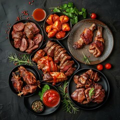 Wall Mural - Well Roasted Organ Meats Set or BBQ Offal Collection with Red Spicy Sauces as Beer Snacks Top View