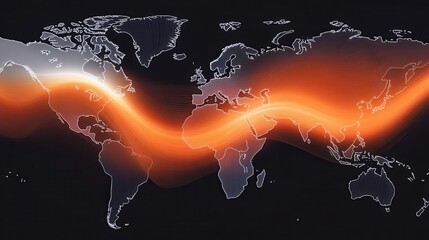 A digital world map with a vibrant orange wave flowing across continents, set against a dark background.