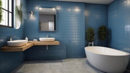 Sticker - Modern Bathroom with Blue Tile, Freestanding Tub, and Wooden Vanity