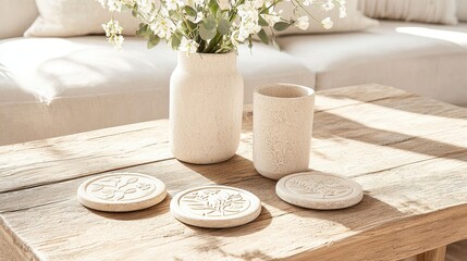 Canvas Print - White Floral Decor on Wooden Table with Sunbeams