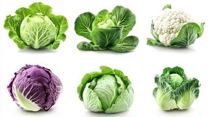 Cabbages and lettuce, leaf vegetables realistic food objects. Broccoli, romaine lettuce, green and purple cabbages, cauliflower, brussels sprout. 3d vector icon set