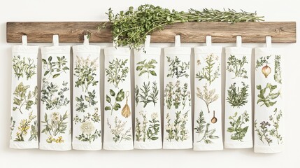 Poster - Herbal Kitchen Wall Decor   Herbs in White Canvas Bags on Wooden Rack