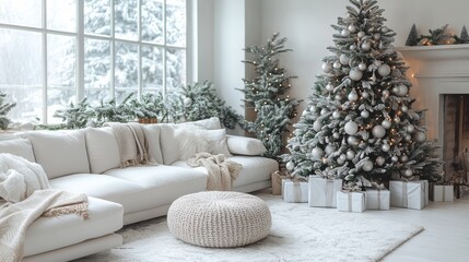 Wall Mural - Modern minimalist living room for Christmas features white walls and modern furniture. A Christmas tree decorated with silver and white ornaments helps to brighten and clean the room.