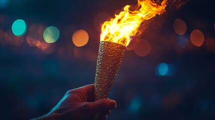 Night stadium scene with a hand gripping the Olympic torch, its flame illuminating the dark, representing the essence of sports.