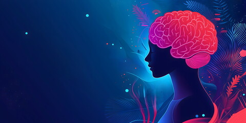 Woman with glowing pink brain. Cognitive processes and mental health awareness. Banner with copy space