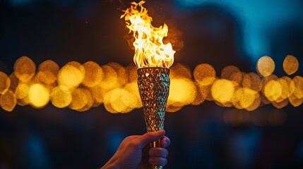 Close-up of a hand holding the Olympic torch with the flame burning bright, against the backdrop of a lit night stadium.