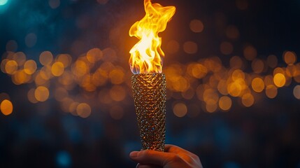 Hand holding an Olympic torch with the flame blazing, set against a night stadium backdrop, symbolizing sports and unity.