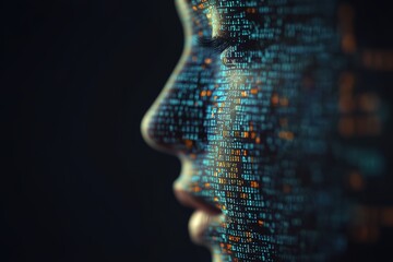 Digital human face concept with binary code skin.
