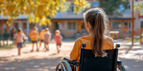 Canvas Print - back view young girl in a wheelchair looking longingly at children playing in the schoolyard