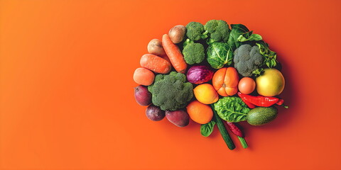 Creative arrangement of colorful vegetables and fruits forming brain shape on bright orange background with copy space. Healthy eating and mental wellness concepts