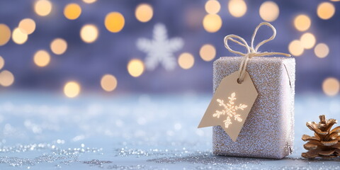 Wall Mural - elegant silver glitter gift box with snowflake tag and pine cone for winter holiday and christmas gi