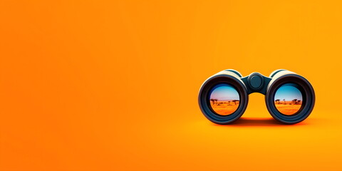 Binoculars with African savanna reflection on vibrant orange background for travel and wildlife exploration concepts with copy space