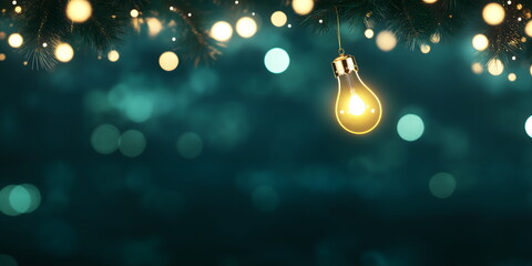 Wall Mural - glowing light bulb ornament with pine branches and bokeh lights for creative christmas and new year 