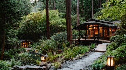 Poster - Secluded Cabin in a Lush Forest with Stone Pathway and Pond