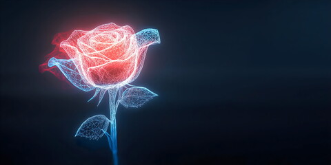 Glowing neon wireframe rose flower on dark background with copy space. Futuristic floral designs and tech-inspired Valentine's Day concepts