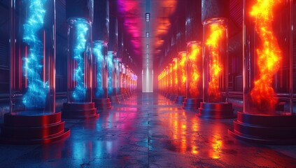 Poster - A futuristic corridor with rows of glowing tubes, emitting red, blue, and orange light.