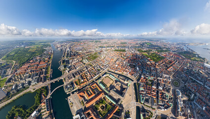 Copenhagen, Denmark. Panorama of the city in summer. Sunny weather with clouds. Aerial view