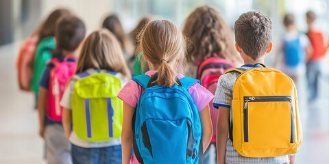 Wall Mural - A group of young students with bright backpacks standing in a line, portraying the concept of education and friendship among schoolchildren.