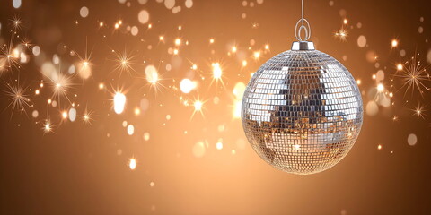 Shimmering disco ball with sparkling lights on warm golden background. Retro party themes, New Year's Eve celebrations and nostalgic dance event promotions. Banner with copy space