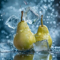 pear fruit with melting ice cubes and water splashes effects . aspect ratio 1:1