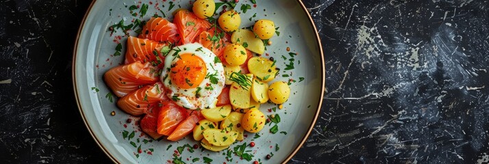 Trout Fillet and Poached Egg with Warm Potatoes, Arancino and Smoked Salmon, Sliced Red Fish