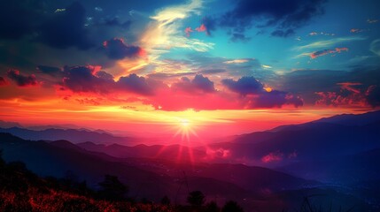 Dramatic Mountain Sunset with Pink and Blue Sky.