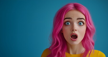 Banner with Shocked Woman with Pink Hair on Blue Background for Surprise or Amazement Concept. Place for text