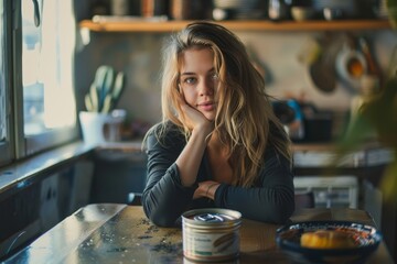 Woman with tin can of conserved tuna at table, improper nutrition, canned food diet