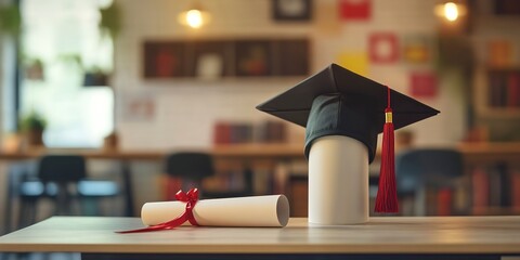 Graduation day, party. A mortarboard and diploma scroll on a table in classroom. Education, learning concept. Courses, higher education, study, knowledge. Graduation hat and students diploma on desk 