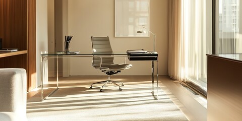 A sleek home office with a glass desk, modern chair, and minimalist