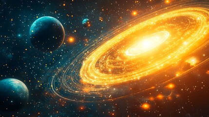 Cosmic Connection: Solar System Planets Linked to Central AI Hub in Deep Space with Ethereal Glow