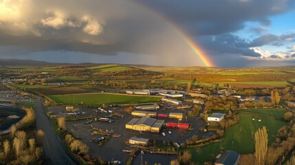 Bright rainbow over springtime countryside