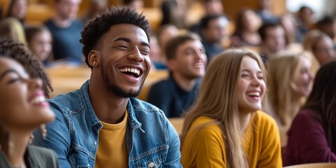 students laughing during a university lecture with a witty professor 