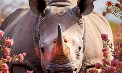 Fototapete - rhino with flowers on background