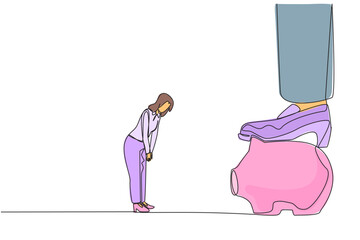 Wall Mural - Continuous one line drawing businesswoman nodded in front of giant foot that stepped on the piggy bank. Investment value is rejected by investors. Disagree. Single line draw design vector illustration