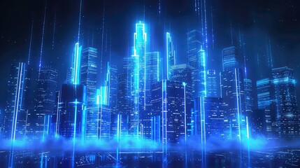 A digitally-rendered illustration of a futuristic cityscape at night with glowing neon lines and tall skyscrapers. Generative AI