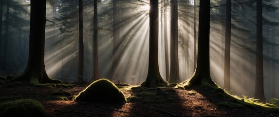 Wall Mural - Sunbeams Illuminating a Foggy Forest Floor