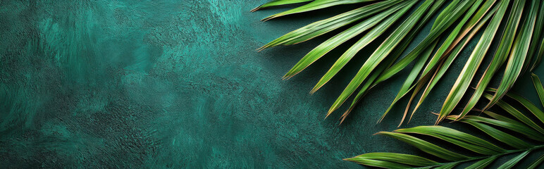 abstract palm leaf design on a dark green background, with a minimalist aesthetic and ample space for copy